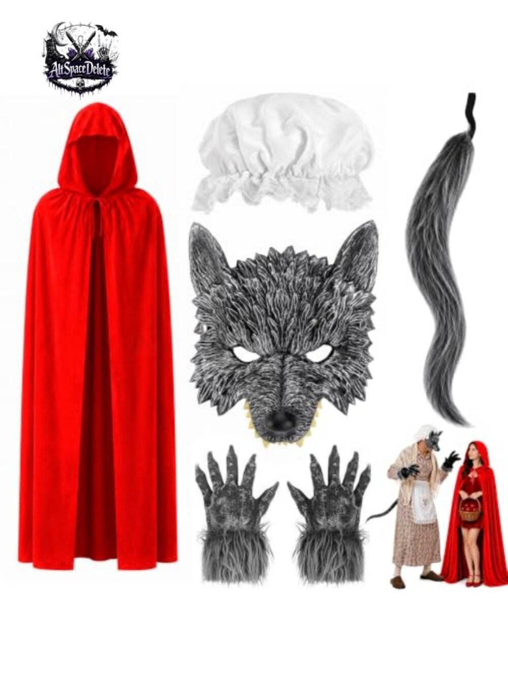 5Pcs Wolf Couples Costume Set Red Riding Hood Cape Granny